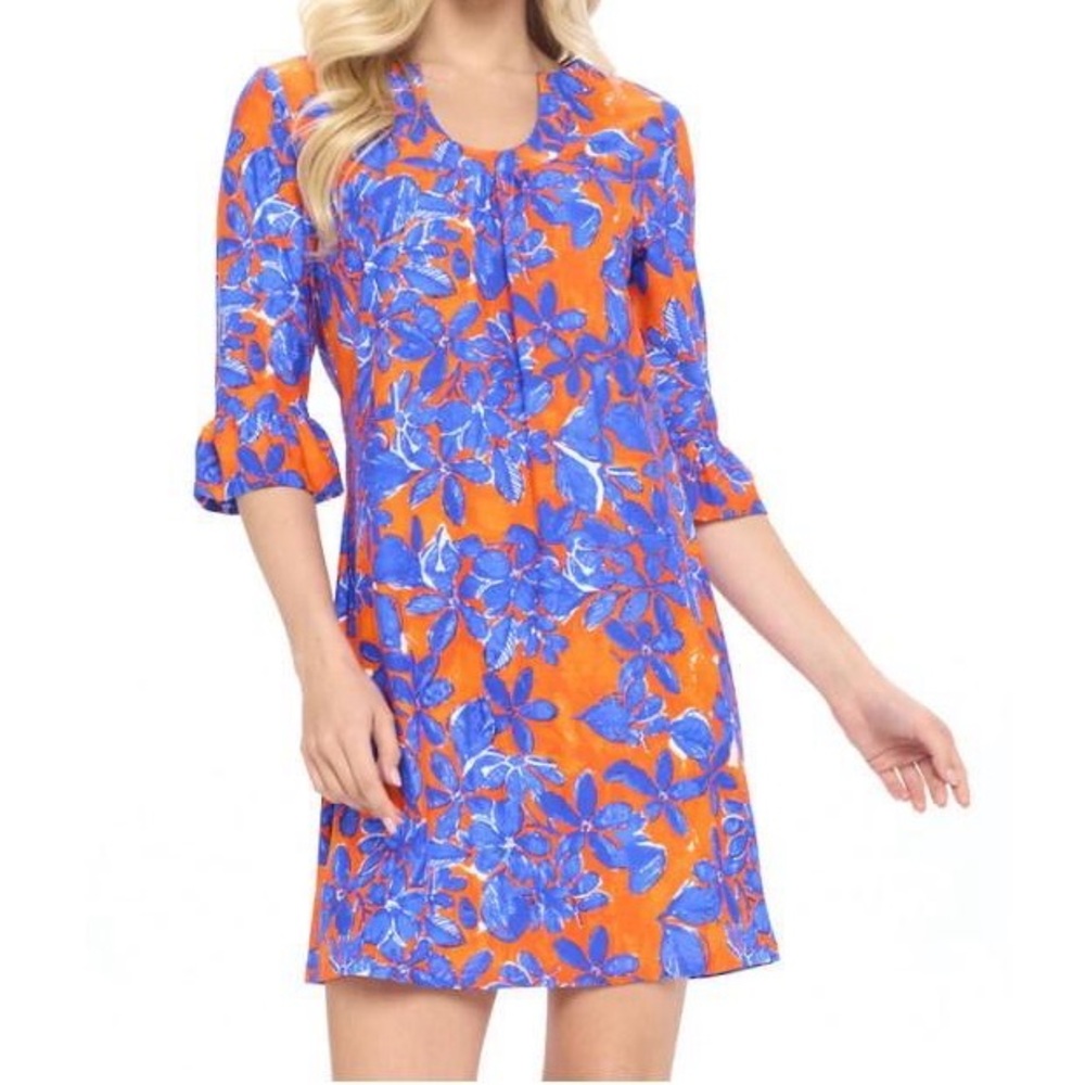 Aryeh Orange Blue Floral Skater Dress